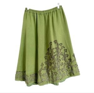 Vintage Handmade 60s Green Silk Grosgrain Flowy Midi Skirt Ribbon Appliqué, S ☘️